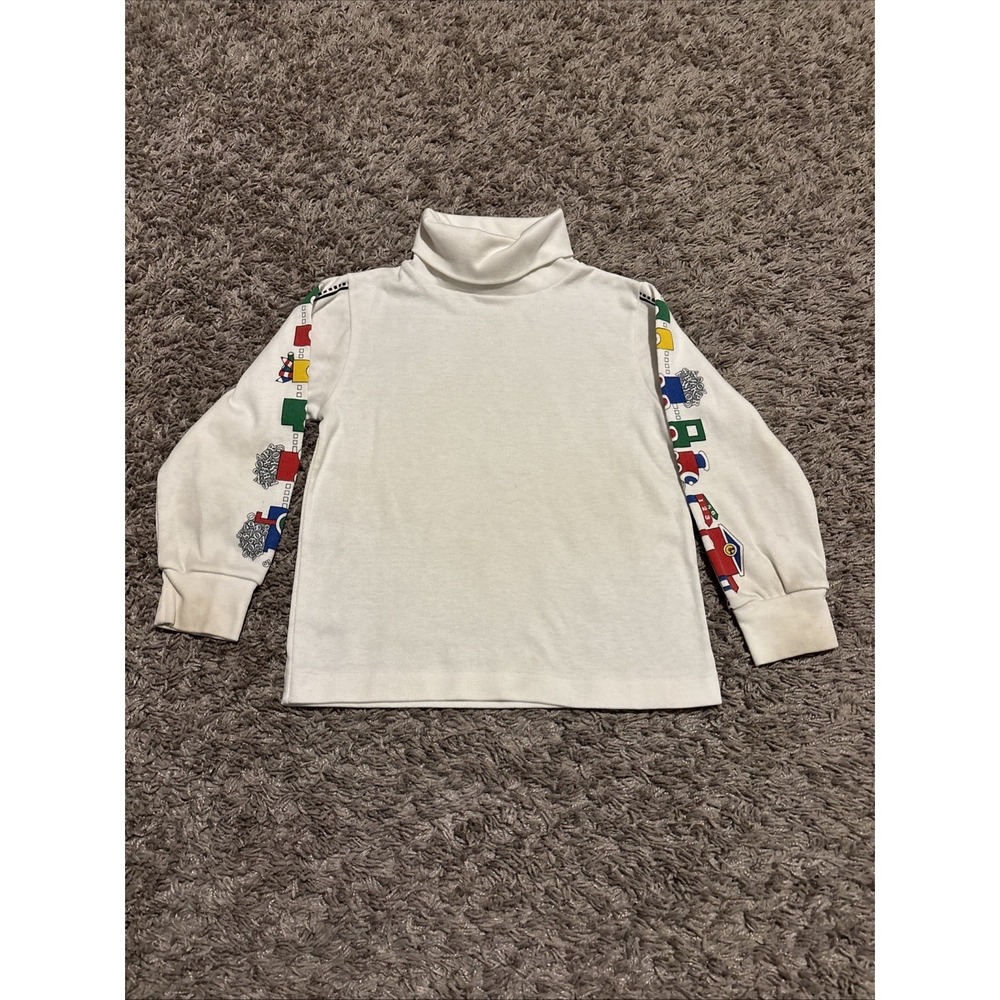 Vintage 80s Turtleneck Pullover White Lands End Trains Long Sleeves Small S